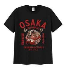 Vintage Osaka Dotonbori Funny Graphic T-Shirt 90s Japanese Drunk Octopus Harajuku T-Shirts Men Women Oversized Cotton T-Shirt QWCP - Black - View 1