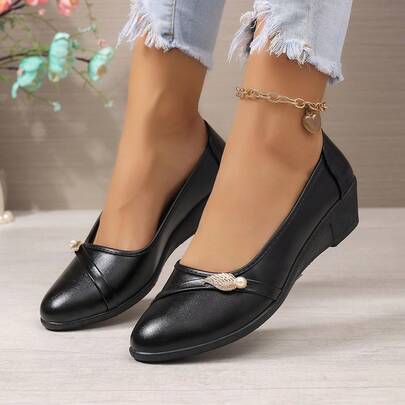 Spring/Autumn New Fashion Pearl Rhinestone Low Vamp Wedge Heel Slip-On Pumps, Elegant Elegant Versatile Daily Wear Commuter Mid-Heel Shoes