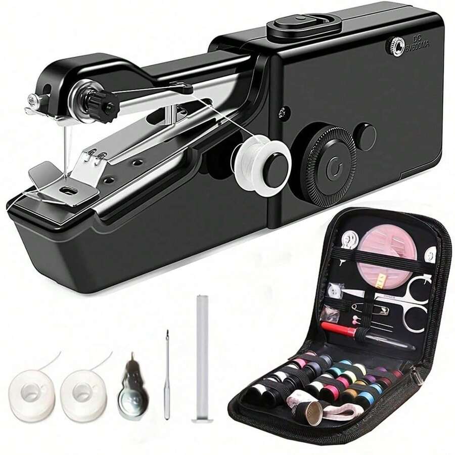 EDCUEBE7 Portable Handheld Sewing Machine - Quick Sewing Mini Tool, White/Black, Compact Design With Adjustable Tension Knob And Presser Foot, For Clothing Cutting | Handheld Sewing Machine | Multi-Functional Sewing Tool, Suitable For Travel And Home DIY Fabric Repair, Easy For Beginners To Use, Accessory Color Random - Manual Sewing Machine + Sewing Kit - View 1