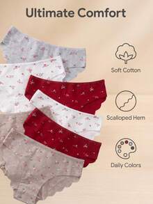 Set Celana Dalam Wanita Katun Rib 9 Pcs, Motif Bunga Kecil, Celana Dalam Pinggang Sedang dengan Tepi Bergelombang, Berbagai Warna Pakaian Dalam untuk Pemakaian Sehari-hari - MultiWarna - View 3