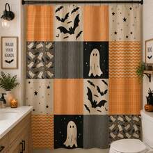 1Pcs Halloween Shower Curtain | Orange Black Pattern, Patchwork Ghosts And Bats Decoration Home Decor Bathroom Decor - A - View 3