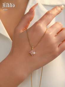 Hihho 1pc Luxury Clover Zirconia Pendant Necklace, Snake Chain, Versatile Daily Commute Elegant Neck Accessory Gift - Four Leaf Clover - View 10