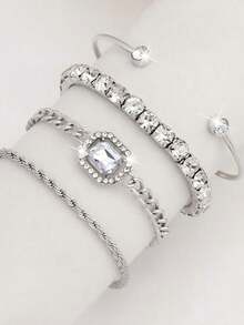 4pcs/Set Punk Style Personalized Rhinestone Twisted Knot Bracelet Set - Avant-Garde Personalized Wrist Accessory With Sparkling Crystal Accents And Durable Twisted Chain Design, Suitable For Concerts, Nightlife And Street Fashion Daily Wear, Secure Clasp Ensures Worry-Free Wear During Activities, Ideal Gift For Birthdays, Anniversaries And Graduation Celebrations - Silver - View 2