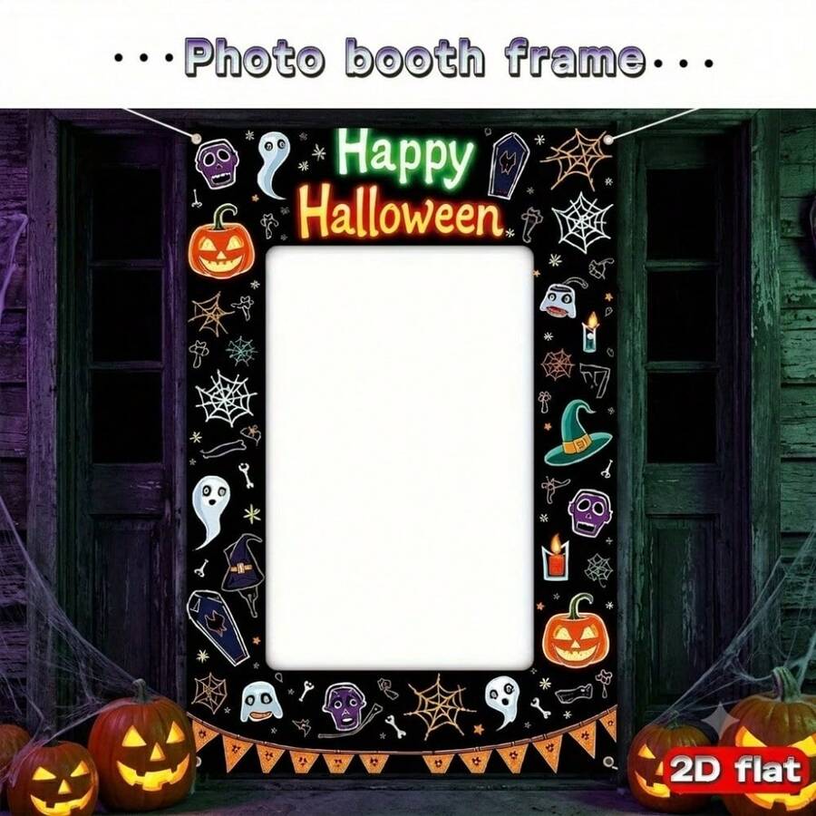 1件大尺寸萬聖節拍照背景布,Happy Halloween派對裝飾,南瓜燈、幽靈與蝙蝠圖案,適用室內/戶外攝影棚、大型派對佈置、鬼屋與活動場景,無需電源,安裝簡單 - 彩色 - 查看 1
