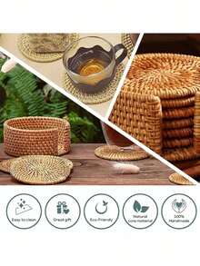 1pc/6pcs Handmade Woven Rattan Placemats, Japanese Minimalist Brown Round Heat-Resistant Anti-Scald Cup Coasters Placemats Suitable For Dining Table, Coffee Table, Home Essentials - Brown - View 3