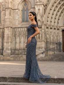 Elegant Women's Knitted Long Formal Dress, Asymmetrical Neckline, Embroidered Flared Skirt, Suitable For Evening Occasions - Gray Blue - View 3