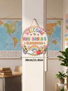 1pc Customized Fan-Shaped Wooden Teacher Name Sign, Personalized Rainbow Floral Welcome Plaque, Back To School Teacher Appreciation Gift, Classroom Welcome Wall Decor, New Teacher Welcome Gift - Multicolor - View 3