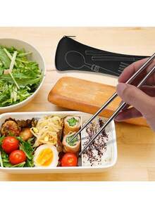 1/4套不鏽鋼餐具套組 刀、叉、匙、筷子，便攜旅行餐具套裝附收納盒，適用於職場、學校、戶外露營 - 銀色 - 查看 4