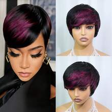 Elastic Net Machine Made Wig Short Pixie Cut Human Hair 6inch 150% Density Brazilian Virgin Straight Layered Hair Ready To Wear For Women Color 1B/99J For Daily Wear - S1B/99J - 查看 2