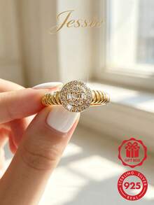 1 pieza Anillo elegante y exquisito de plata de ley 925 con circonita, diseño redondo hueco, para mujer, regalo de fiesta - redondo - Ver 1