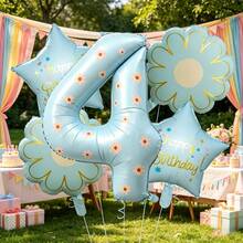 40 Inch Pastel Printed Number Foil Balloon Set, Floral & Heart Pattern Digital Mylar Balloons With Daisy Flower & Happy Birthday Star Balloons, Neutral Milestone Birthday Party Decorations, Photo Booth Supplies - Flower Balloon - View 5