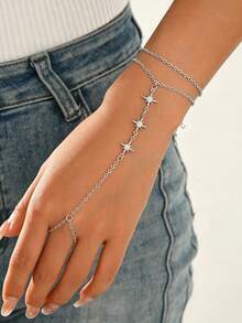 Bộ 2 chiếc vòng tay ngón nối liền phong cách tối giản cổ điển màu bạc, đính đá rhinestone lấp lánh hình ngôi sao, trang sức tay thời trang nữ phù hợp đeo hàng ngày và dự tiệc - Bạc - Xem 1
