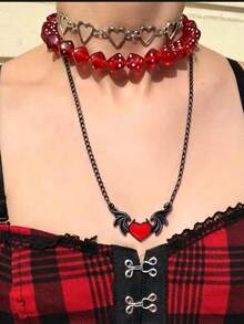Set Kalung Geometris Salib Hati Gaya Punk Y2K 3pcs, Kalung Choker Gaya Gotik Dadu Desainer, Cocok untuk Aksesori Kalung Halloween - Merah - View 6