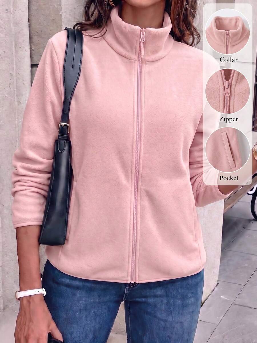 Women's Pink Stand Collar Fleece Jacket, Warm Thickened Long Sleeve Regular Fit, Suitable For Autumn/Winter Wear - Pink - View 1