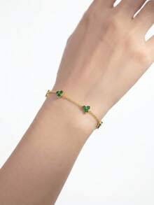 2pcs/Set S925 Sterling Silver Clover Cubic Zirconia Diamond Bracelet And Necklace, Women's Silver Jewelry, Suitable For Women And Girls, Four-Leaf Clover Lucky Design For Daily Wear, Casual, Travel, Party, Collection, Comes With Exquisite Gift Box - Green - View 5