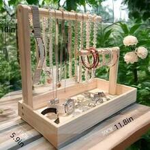1 pieza Soporte de exhibición de joyas de madera de estilo vintage de varios niveles con bandeja, adecuado para exhibir collares, aretes, anillos, la bandeja inferior proporciona espacio de almacenamiento adicional, se puede usar como estante de exhibición de joyas u organizador de joyas, decoración navideña - 1 bandeja para guardar accesorios de joyería - Ver 10