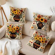4pcs Sunflower Floral Pattern Pillow Covers Without Inserts, Single-Sided Printed Pillow Covers, Suitable For Living Room Bedroom Home Decor, All Season Pillow Covers - Multicolor - View 9