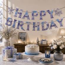 15Pcs Happy Birthday Banner, Purple Ice & Snowflake Themed Paper Garland, Frozen Inspired Party Decor For Indoor & Outdoor Celebrations, Winter Themed Events & Photo Booth Backdrops - View 5