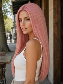 Women's Pink Long Straight Wig 28 Inch High Density Middle Part Design Heat Resistant Soft Synthetic Hair Versatile For Party Carnival Cosplay Decoration,Halloween - Pink - View 2