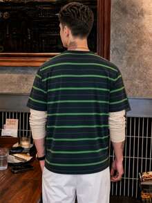 Simple Studio | Dark Green With Bright Green Horizontal Stripes 2 In 1 Off-White Patchwork Long Sleeve T-Shirt Men's Vintage Layered Loose Fit Base Top - Dark Green - View 5