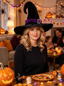 1pc Classic Black Velvet Witch Hat, Rhinestone Buckle Halloween Hat. Suitable For Cosplay And Theme Parties - A - View 3