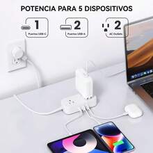 Multitoma Portátil Mazoom E-COA-2.5 Enchufe Doble Americano Integrado 3 Puertos USB Carga Rápida, Resiste 1250W, Cable de 150cm para Uso Doméstico y Oficina - Tipo de Enchufe A USA (110-127V) - Ver 4