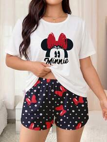 Disney 2pcs Plus Size Women's Pink Pajama Set, Mickey Minnie Mouse Print Top And Shorts, Casual Loungewear - Multicolor - View 1