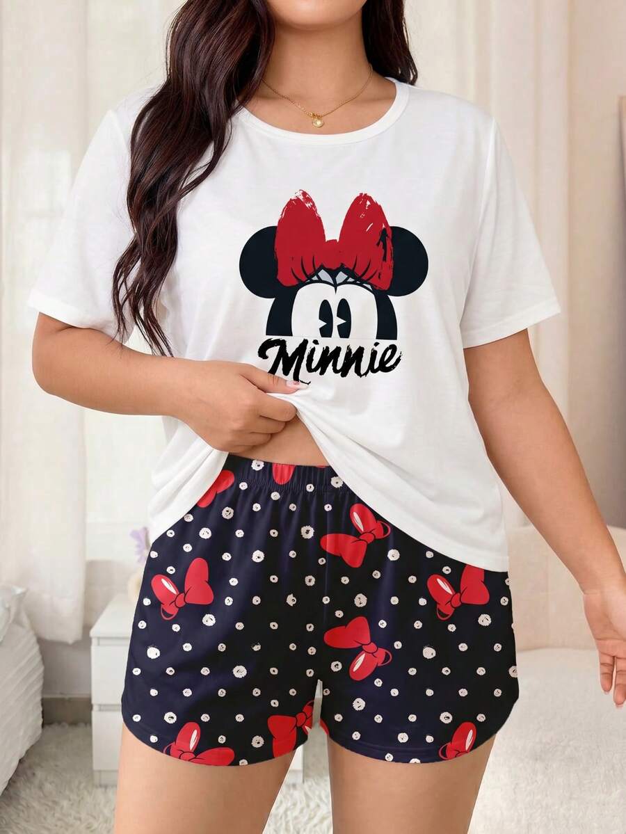 Disney 2pcs Plus Size Women's Pink Pajama Set, Mickey Minnie Mouse Print Top And Shorts, Casual Loungewear - Multicolor - View 1