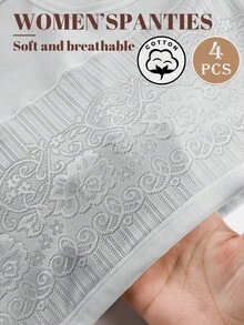 MEIYATING 4件組大尺碼女款棉質內褲，花卉蕾絲高腰收腹提臀塑形舒適內褲 - 彩色 - 查看 6