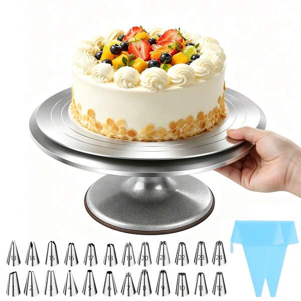 12'' Cake Turntable Aluminum Cake Revolving Stand Holder Cake Baking Decor Tools Home Cake Making Decorating Rotating Metal Display Stand Ultimate Baking Set 24 Nozzles & Icing Tools