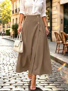 Perirose Women's Khaki Elegant Office High Waisted Button Front Pocket A Line Midi Skirt Flowy Elastic Back Long Skirt Fall Winter Casual - Khaki - View 7