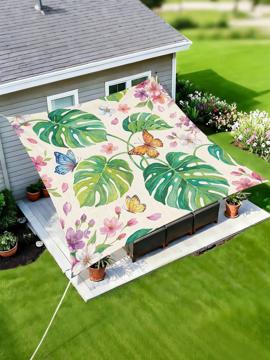 1pc Butterfly And Floral Print Design Sunshade, Outdoor Adventure Sunshade And Canopy, 2D Flat Printed Tent, Washable, Suitable For Garden, Camping, Beach And Other Multiple Scenarios, Comes With 4 Fixing Ropes And 4 Ground Stakes, Frame Not Included - Multicolor - View 1