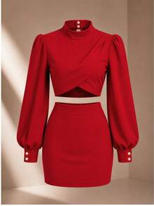 Women's Tailored Set Cropped Long Puff Sleeve And Short Skirt Elegant Party Fashion Autumn Winter S(38) M(40) G(42) Non-Elastic Fabric - 紅色 - 查看 4