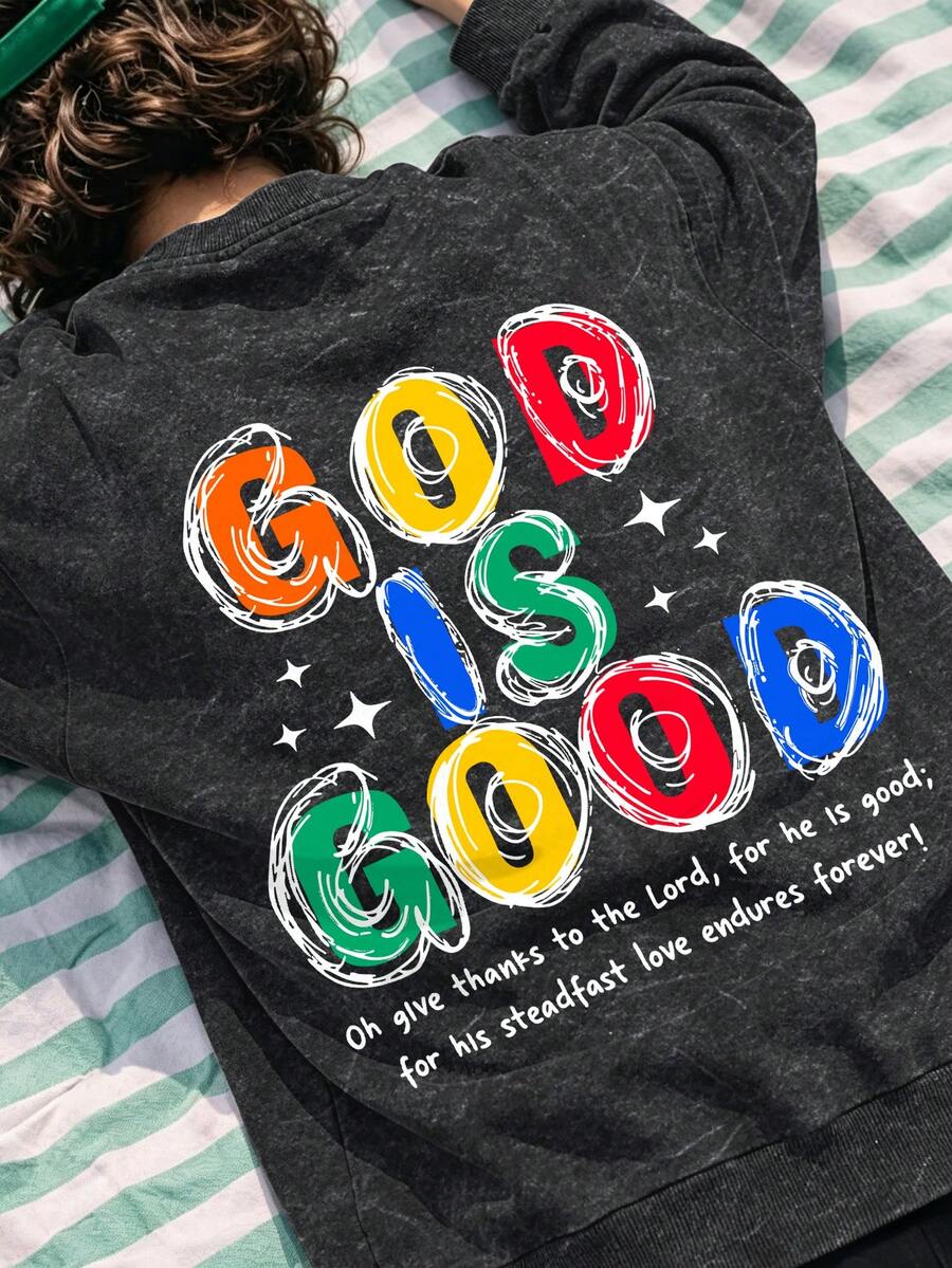 Vintage Street Boy Style Washed Crew Neck Sweatshirt, Back Colorful Hand-Drawn Letter Print God Is Good, Soft Autumn/Winter Campus Top - Black - View 1
