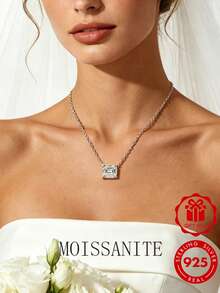 S925 Sterling Silver 14K Gold Plated Emerald Cut Moissanite Necklace, Exquisite Rectangular Pendant Collarbone Necklace, Elegant Wedding Anniversary Birthday Jewelry Gift For Bride And Girlfriend - Style a - White - View 12