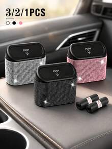 3pcs/2pcs/1pc Set A With Lid Rhinestone Car Trash Can, Leak-Proof Press-Type Trash Can & Car Door Clip, Leak-Proof Car Trash Can With 30 Included Trash Bags, Glossy Car Interior Storage Decorative Accessory - Style a - View 2
