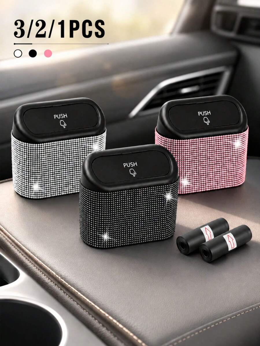 3pcs/2pcs/1pc Set A With Lid Rhinestone Car Trash Can, Leak-Proof Press-Type Trash Can & Car Door Clip, Leak-Proof Car Trash Can With 30 Included Trash Bags, Glossy Car Interior Storage Decorative Accessory