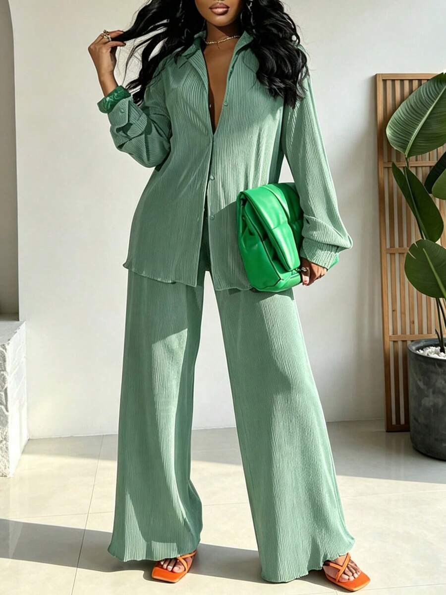 Bộ 2 món gồm áo sơ mi xếp ly thời trang và quần ống rộng thoải mái, trang phục thường ngày thanh lịch mùa xuân dành cho nữ. - Màu xanh Bạc hà - Xem 1