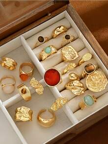 Set de 20/13/6 piezas de anillos vintage elegantes bohemios para mujer, joyería de dedo con gemas de colores irregulares y piedra de ojo de gato, para uso diario, fiesta, vacaciones y regalo - Dorado - Ver 3