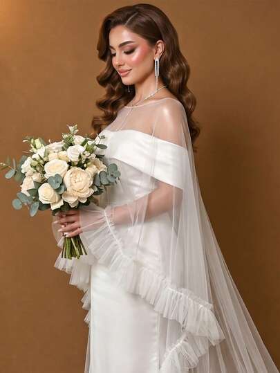 1pc White Long Train Tulle Bridal Cape Shawl With Ruffle Pleated Lace Trim, Wedding Dress Outerwear Accessory