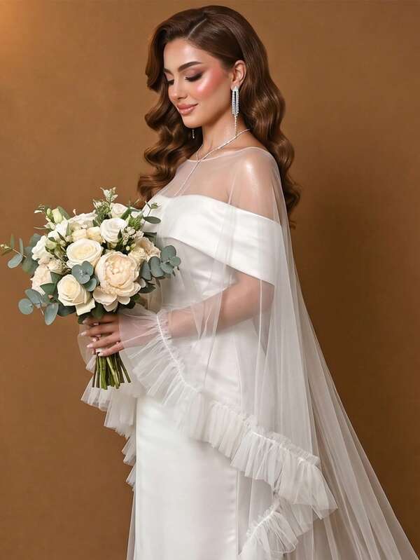 1pc White Long Train Tulle Bridal Cape Shawl With Ruffle Pleated Lace Trim, Wedding Dress Outerwear Accessory