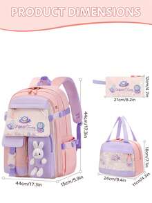 Juego de 3 piezas de mochila de campus con estampado de conejo de moda, diseño de puerta de refrigerador, portavasos lateral, regalo de vuelta a la escuela - Multicolor - Ver 4