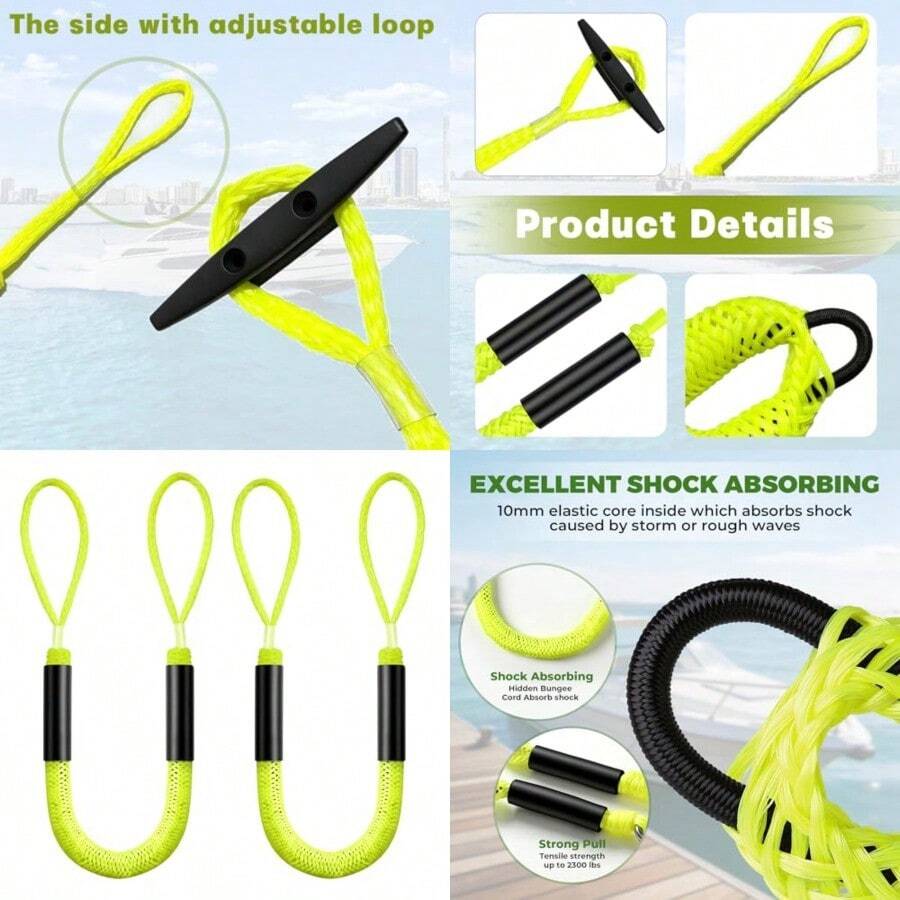 Bungee Dock Lines Boat Ropes For Docking With Loop Boat Accessories - 3 Feet Shock Cords Docking Rope Mooring Rope For PWC, Pontoon, Kayak, Canoe, Power Boat, Watercraft Yellow 3Feet 2 Pack - Multicolor - View 1