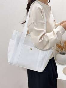 Large Capacity Canvas College Style Casual Tote Bag Shopping Bag Multifunctional Shoulder Bag Upgraded Canvas Bag - White - View 6