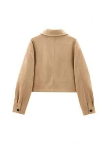 Jaket Pendek dengan Dekorasi Saku Kerah Kulit Suede - Khaki - View 6