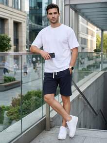 Men's Sweatpants With A Drawstring, Elastic Waistband And Two Side Pockets - Navy Blue - View 2