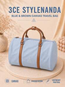3CE Blue & Brown Canvas Travel Bag, Durable Canvas With Brown Leather Handles, Smooth Zipper Closure, Large Capacity, Lightweight Handheld, Daily Use - Blue-brown - View 2