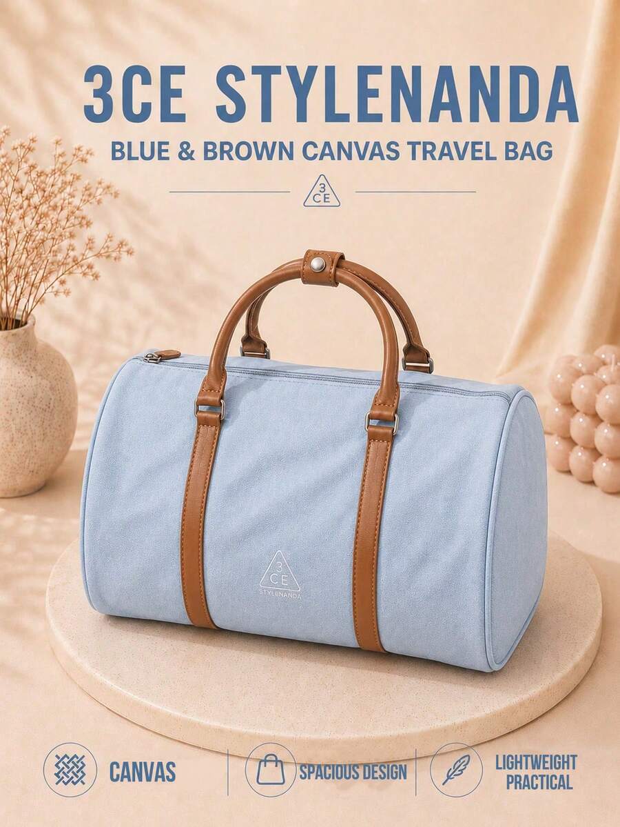 3CE Blue & Brown Canvas Travel Bag, Durable Canvas With Brown Leather Handles, Smooth Zipper Closure, Large Capacity, Lightweight Handheld, Daily Use
