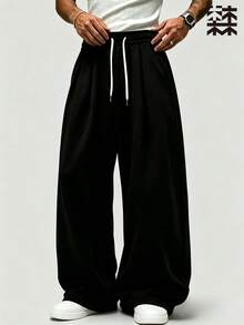 Mulinsen Men's Drawstring Elastic High Waist Pleated Wide Leg Sweatpants, Light Heather Gray Solid Color Fleece Fabric, Front Waist Pleated Draped Cut - Black - View 2