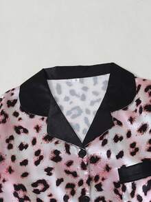 Leopard Print Women's Satin Long Sleeve Long Pants Pajama Set - Pink - View 7